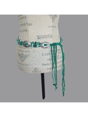 Vintage 80s Green Conch Belt Small Medium Beaded Leather Native